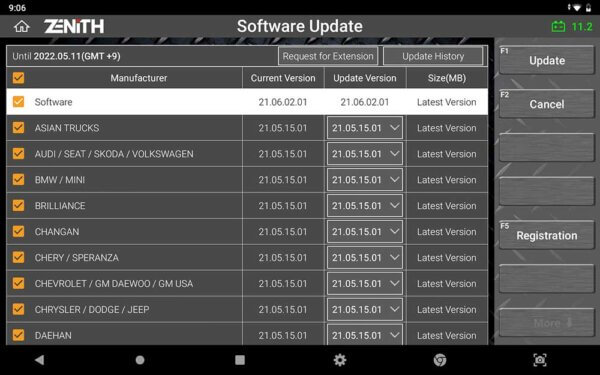 EZDS Zenith Z5 Software Update screen