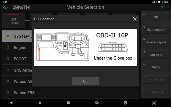 EZDS Zenith Z7 OBD Port Location screen