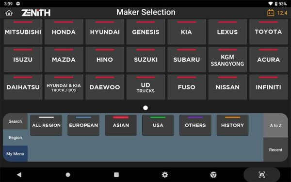 EZDS Zenith Z7 Maker Selection screen