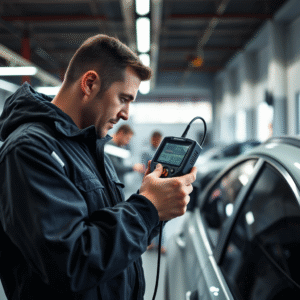 Technician using car diagnostic scan tool in repair shop.